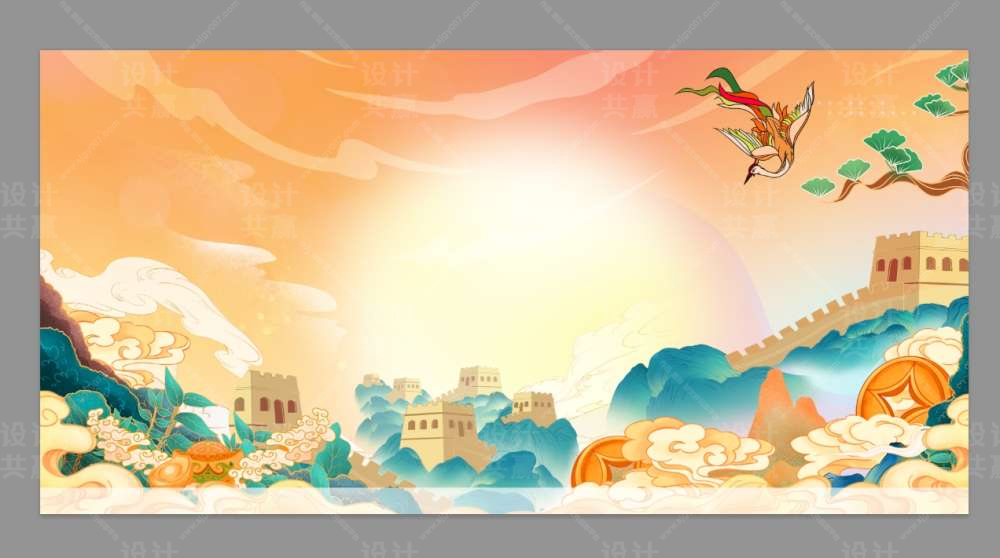 国潮风景背景画